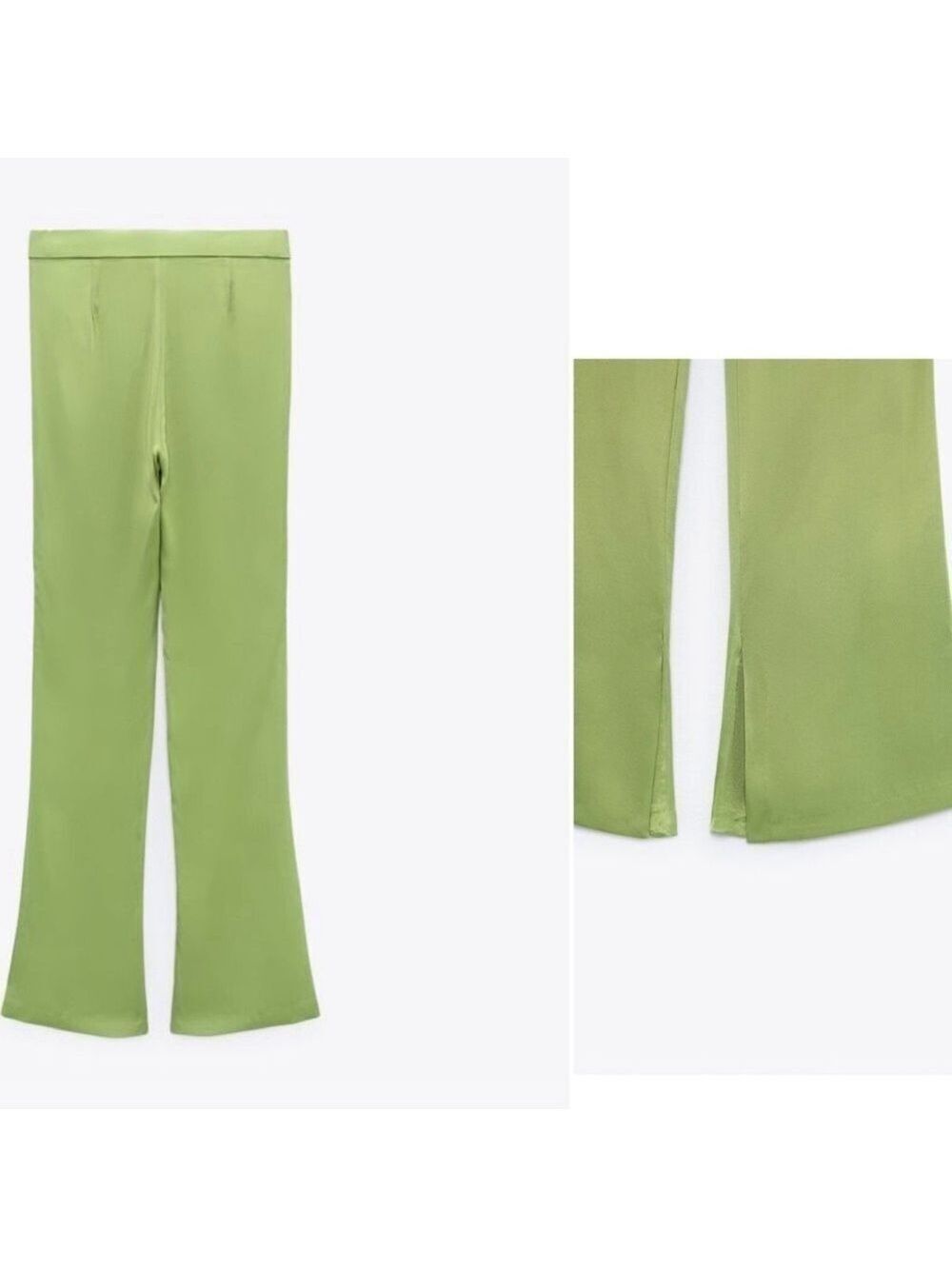 Zara green satin effect flare pants Sz S NWOT